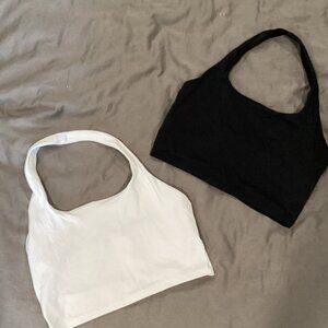 Set of 2 Halter-style Sports Bras - Black and White - with back ruching and shel